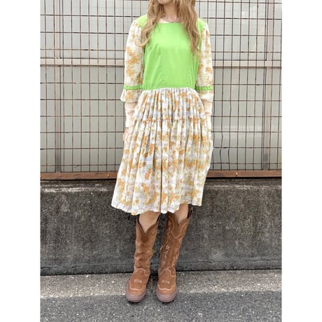 60-70s Floral cotton midi dress【01572】