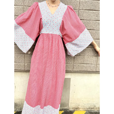 70s Gingham & Floral hippie maxi dress【01382】