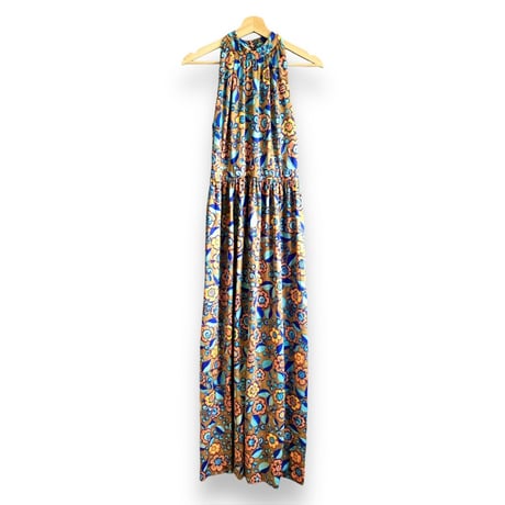 70s Floral halter maxi dress【01495】