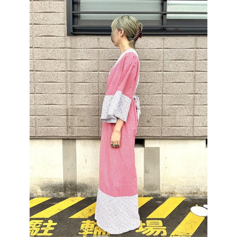70s Gingham & Floral hippie maxi dress【01382】 |