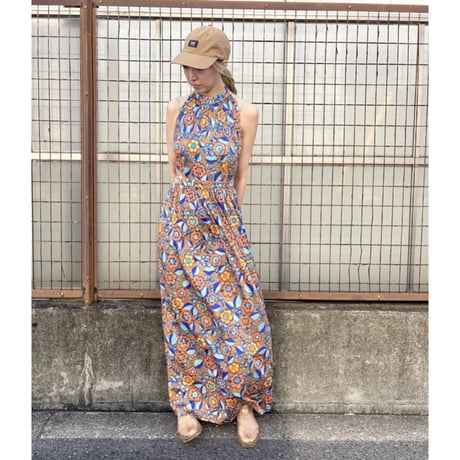 70s Floral halter maxi dress【01495】