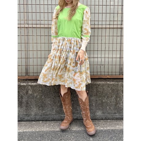 60-70s Floral cotton midi dress【01572】