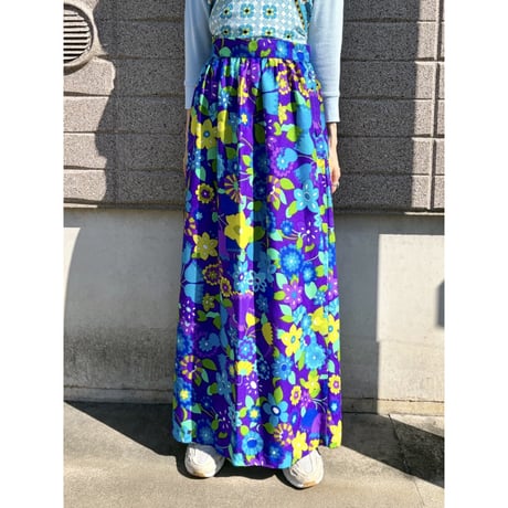 70s Blue floral maxi skirt【01612】