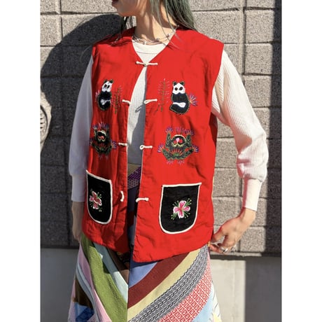 70-80s China red patchwork vest【01251】