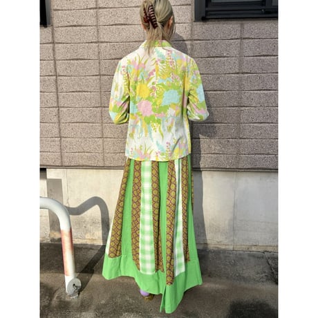 70s Green patchwork maxi skirt【01499】