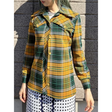 70s Plaid poly shirt / jacket【01602】