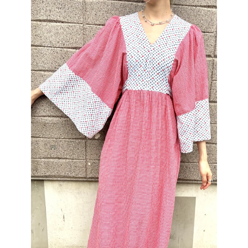 70s Gingham & Floral hippie maxi dress【01382】 |