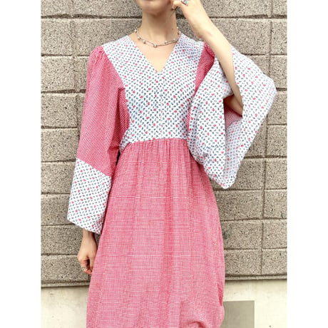 70s Gingham & Floral hippie maxi dress【01382】