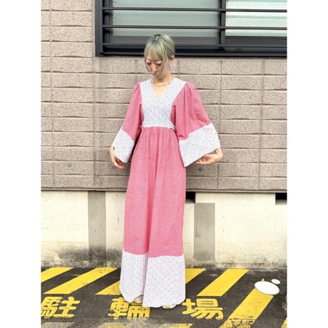 70s Gingham & Floral hippie maxi dress【01382】
