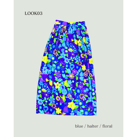 70s Blue floral maxi skirt【01612】