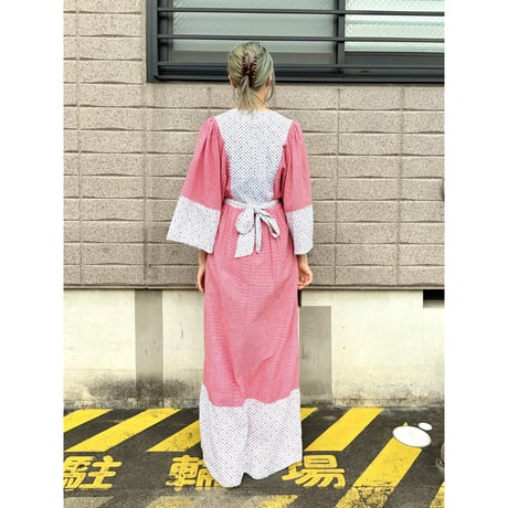 70s Gingham & Floral hippie maxi dress【01382】