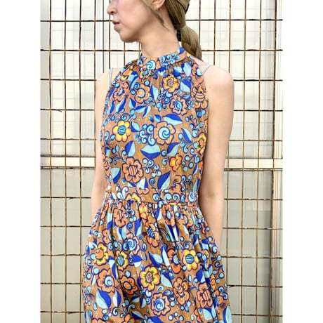 70s Floral halter maxi dress【01495】