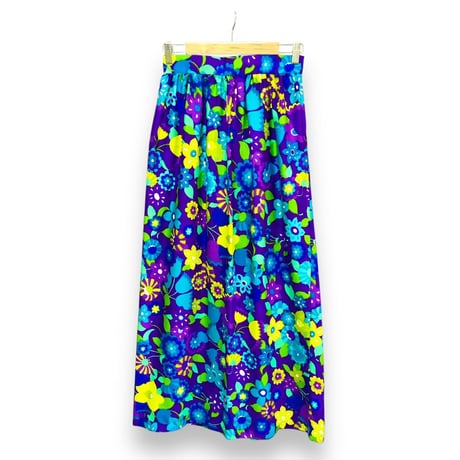 70s Blue floral maxi skirt【01612】
