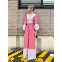 70s Gingham & Floral hippie maxi dress【01382】