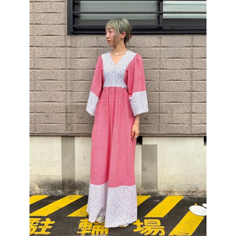 70s Gingham & Floral hippie maxi dress【01382】 |