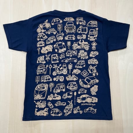かかせて車TシャツKids 100.120.140（紺T×ベージュ）