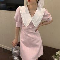 ビッグカラー フリル襟 ワンピース ミニワンピース ミニ丈 半袖 襟付き パフスリーブ ミニワンピ タイト Aライン 配色 バイカラー お呼ばれ 結婚式 二次会 パーティー デート 大人可愛い 上品