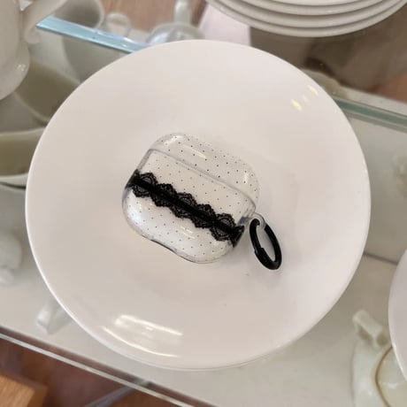 CUTECASE AirPods 5 ケース クリアドット×ブラックレース AirPodsPro3/Pro2 リボンストラップ＆カラビナ付き Airpods4/3カバー エレガント CM6769