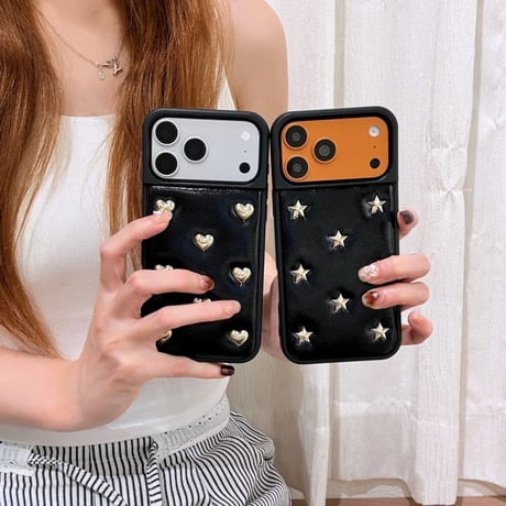 CUTECASE ハート＆スター レザー調 iPhone18Pro/18ProMaxケース 立体メタルモチーフ付き iPhone17Pro/16/15カバー 高級感溢れる CM6756