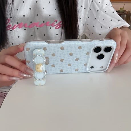 CUTECASEリボンスタンド iPhone17Promaxケース熊さん iPhone16Pro/15/14ケース 淡色系 ガーリーファッションCM6608