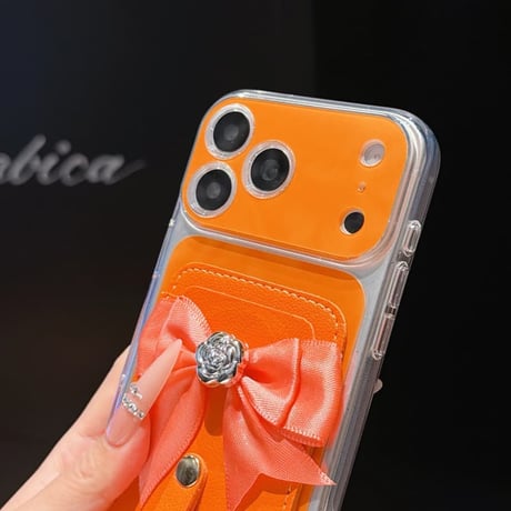 CUTECASEリボンデコカード入れ付iPhone17Promaxケースカメラ保護 iPhone16Pro/15pro/14ケース 肌に優しい かわいいCM6598