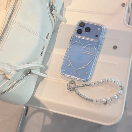 CUTECASE きらめくハート＆星柄 iPhone18Proケース グリッタークリア iPhone18ProMax/17Pro/16Promaxカバー パール風ハンドストラップ付き CM6885