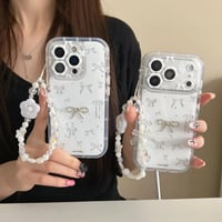 CUTECASEリボン柄iPhone17Promaxケース花ストラップ iPhone16Pro/15ProMaxケース カメラ保護カバー ホワイトCM6564