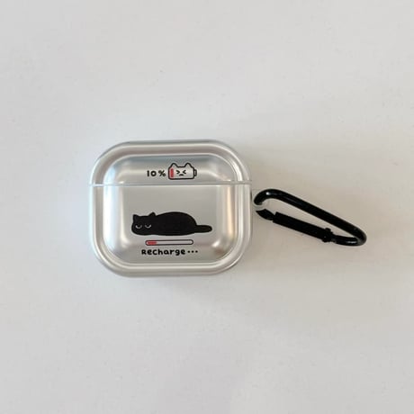 CUTECASE Airpods 5 対応ケース メタリックシルバー 黒猫 Airpodspro3/2/カバー Airpods4/3 カラビナ付き 指紋防止CM6804