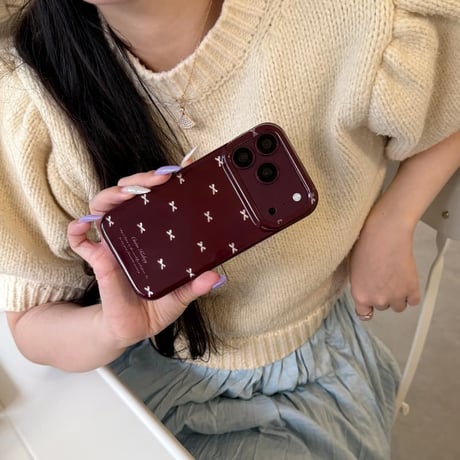 CUTECASE バーガンディ リボン柄 iPhone18Pro/18ProMaxケース オトナ可愛い 艶感 iPhone17/16/15カバー トレンドファッションCM6829