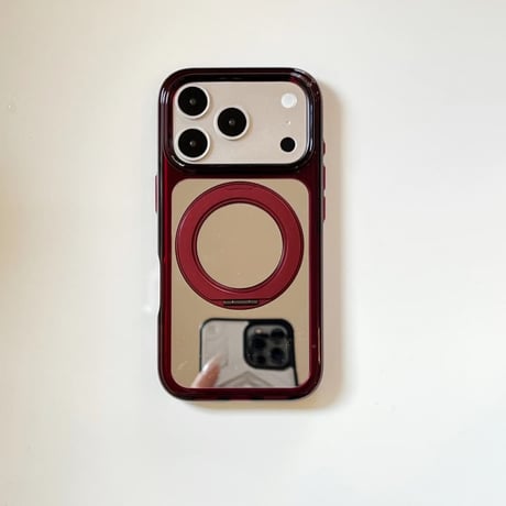 CUTECASE バーガンディ ミラー付き iPhone18Pro/18ProMaxケース リングスタンド一体型 iPhone17/16Pro/15カバー メイク直しも動画視聴もこれ1つ CM6850