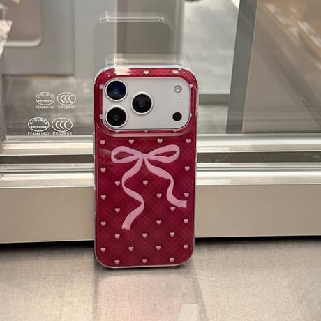 CUTECASE バーガンディに合う iPhone18Pro/18ProMaxケース リボン／ハート柄 チェック柄 オトナ可愛い iPhone17/16/15Proカバー 大人ガーリーCM6849