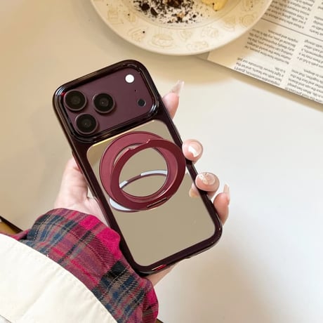 CUTECASE バーガンディ ミラー付き iPhone18Pro/18ProMaxケース リングスタンド一体型 iPhone17/16Pro/15カバー メイク直しも動画視聴もこれ1つ CM6850