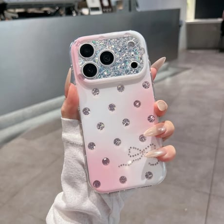 CUTECASEドット柄 リボン柄 iPhone18Proケース キラキラグラデーション iPhone18ProMax/17Pro/16ProMaxカバー グリッターカメラカバー CM6883