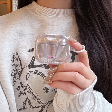 CUTECASE Airpods 5ケース オーロラクリア リボン柄 Airpodspro3/2/カバー 大人可愛い Airpods4/3 ラメ入り・リング付きCM6842