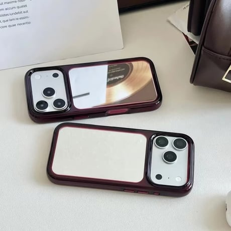 CUTECASE バーガンディ ミラー付き iPhone18Pro/18ProMaxケースクリアフレーム iPhone17/16Pro/15カバー メイク直し＆自撮り対応CM6791