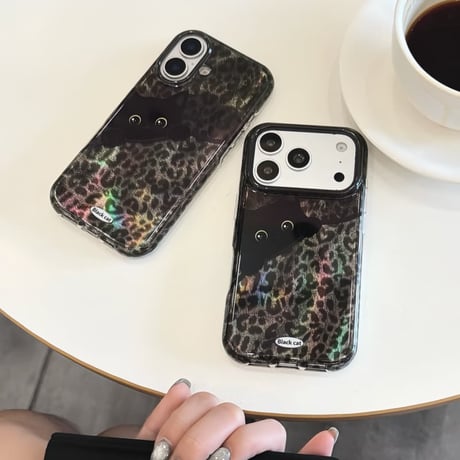 CUTECASE オーロラ豹柄 黒猫イラスト iPhone18Pro/18ProMaxケース 個性的トレンド レオパード iPhone17/16/15カバー オーロラ光沢 大人可愛いCM6817
