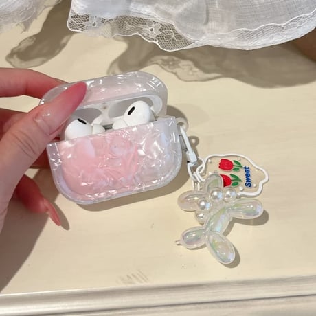 CUTECASE シェル風チューリップ柄 Airpods Pro3ケース ピンク Airpods4/3カバー pro2/pro1 真珠デコ犬ちゃん ギフトにおすすめCM6596