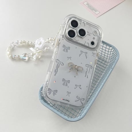 CUTECASEリボン柄iPhone17Promaxケース花ストラップ iPhone16Pro/15ProMaxケース カメラ保護カバー ホワイトCM6564