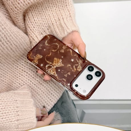 CUTECASEヒョウ柄リボン iPhone18Proスター ブラウン iPhone18ProMax /17Pro/16Promax/15Proカバー 大人かわいい CM6884