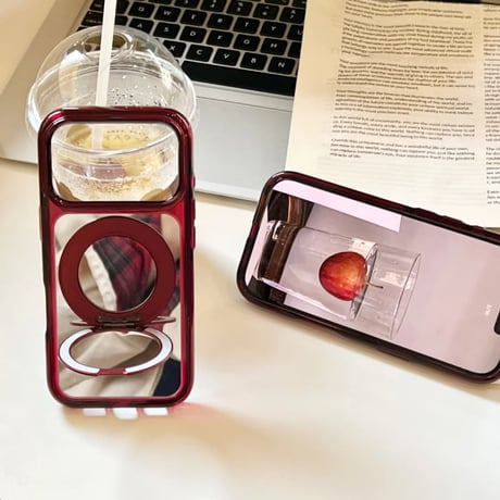 CUTECASE バーガンディ ミラー付き iPhone18Pro/18ProMaxケース リングスタンド一体型 iPhone17/16Pro/15カバー メイク直しも動画視聴もこれ1つ CM6850