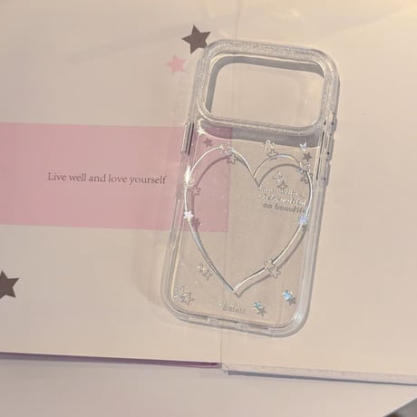 CUTECASE きらめくハート＆星柄 iPhone18Proケース グリッタークリア iPhone18ProMax/17Pro/16Promaxカバー パール風ハンドストラップ付き CM6885