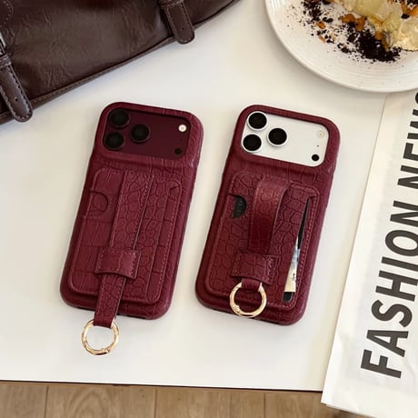 CUTECASEカード収納＆ハンドベルト iPhone18Pro/18ProMax クロコ型押し レザー調 iPhone17/16/15カバー レザー調 スタンド機能 リング金具付きCM6866