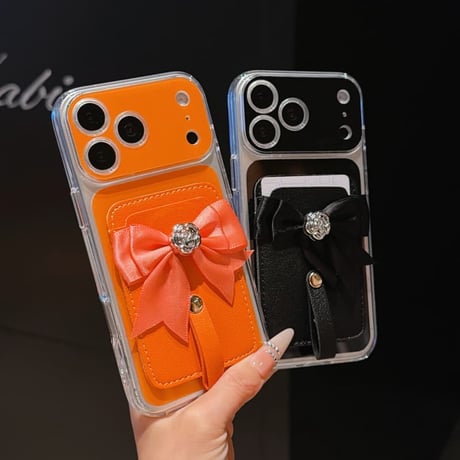 CUTECASEリボンデコカード入れ付iPhone17Promaxケースカメラ保護 iPhone16Pro/15pro/14ケース 肌に優しい かわいいCM6598