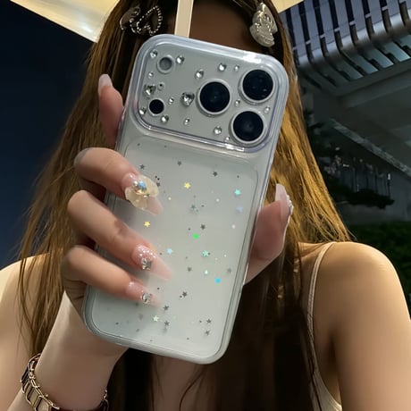 CUTECASE ラインストーンとハート型ビジューカメラカバー iPhone18Pro/17Proケース キラキラグリッター iPhone17/16/15ProMaxケース 透明ソフトCM6800