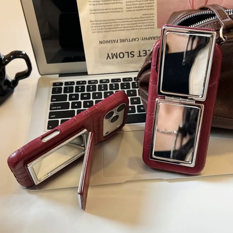 CUTECASE ミラースタンド付 iPhone18Pro/18ProMax クロコ型押し iPhone17Pro/16/15カバー レザー調 高級感高品質 便利グッズCM6856