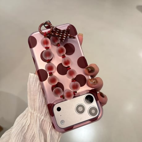 CUTECASE ドット＆ハート柄 iPhone18Proケース 艶感 iPhone18ProMax/17Pro/16ProMaxカバー ビーズハンドストラップ CM6900