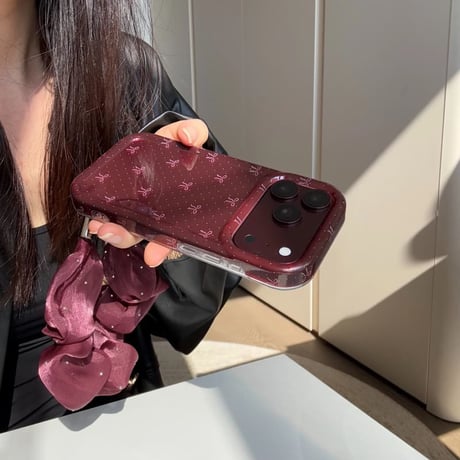 CUTECASE リボン柄 iPhone18Pro/17ケース 艶カラー iPhone17Pro/16/15ProMaxカバー オーガンジーストラップCM6763