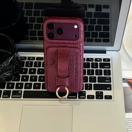 CUTECASEカード収納＆ハンドベルト iPhone18Pro/18ProMax クロコ型押し レザー調 iPhone17/16/15カバー レザー調 スタンド機能 リング金具付きCM6866