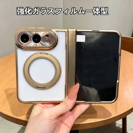 CUTECASE iPhone Duo専用ケース 強化ガラスフィルム一体型 360°回転リングスタンド付き ヒンジ保護 MagSafe対応 メッキ 高透明 耐衝撃 黄ばみにくい CM6845