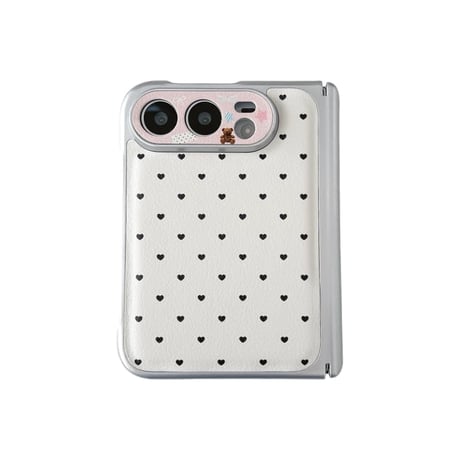 CUTECASEミニハート柄 iPhone Duoケース レザー調 熊ちゃんカメラ保護カバー ヒンジ保護 フレンチガーリーCM6871